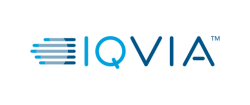 IQVIA logo with blue text and stripes on a white background.