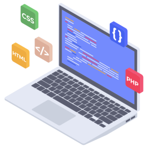 Laptop displaying code with CSS, HTML, PHP icons, in digital illustration.
