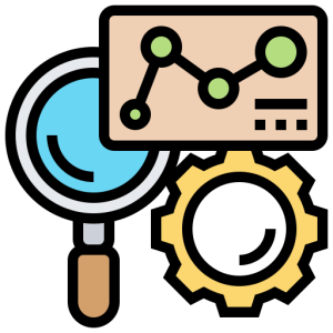 Magnifying glass, gear, and chart icons in blue, yellow, and green illustration.
