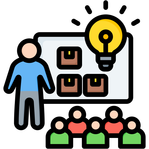 A person presenting ideas to an audience, featuring colorful icons, illustration.