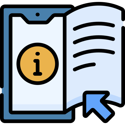 An open book illustration with information icon, blue and yellow colors.