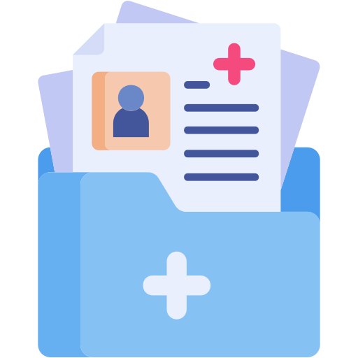 Blue folder with medical documents, cross symbol, flat illustration style.