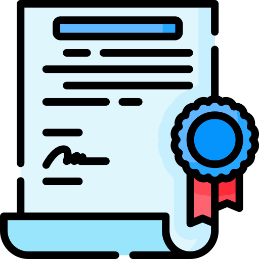 Certificate illustration with blue seal, red ribbon, and black text details.