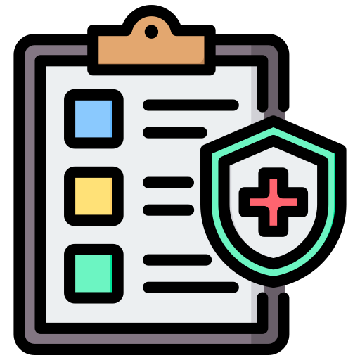 Clipboard illustration with colored checklist and shield, featuring a red cross.