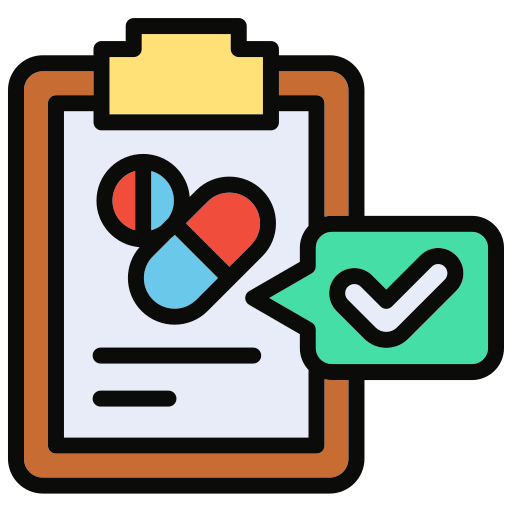 Clipboard illustration with colorful pills and green checkmark, no text visible.