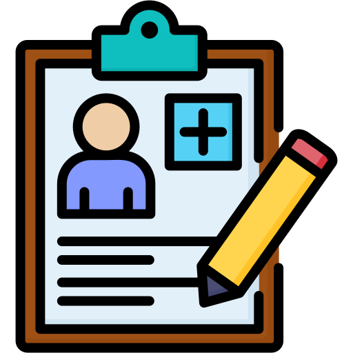 Clipboard illustration with person icon, pencil, blue plus sign, cartoon style.