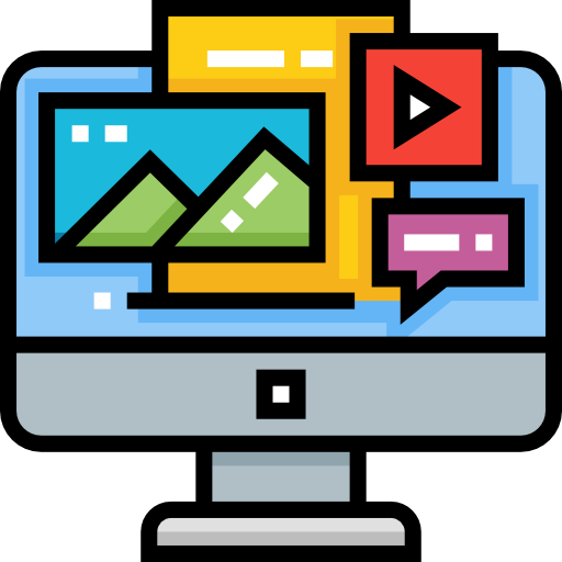 Computer screen displaying colorful icons, including images, video, and chat bubbles.