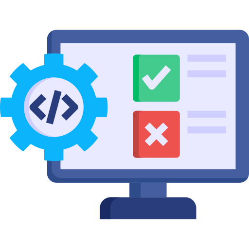 Computer screen illustration with checkmark, cross icons, and coding gear symbol.