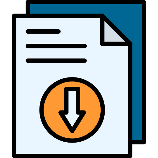 Document icon with download arrow, blue and orange colors, flat illustration.