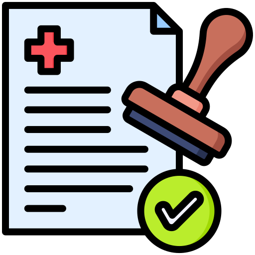Document illustration with red cross, rubber stamp, and green check mark.