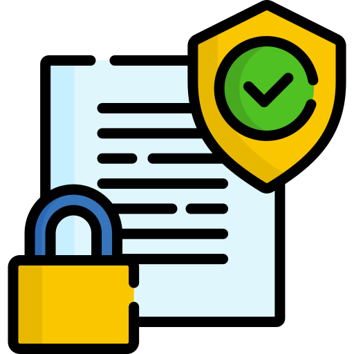 Document with blue lock and shield, featuring green check, illustration style.