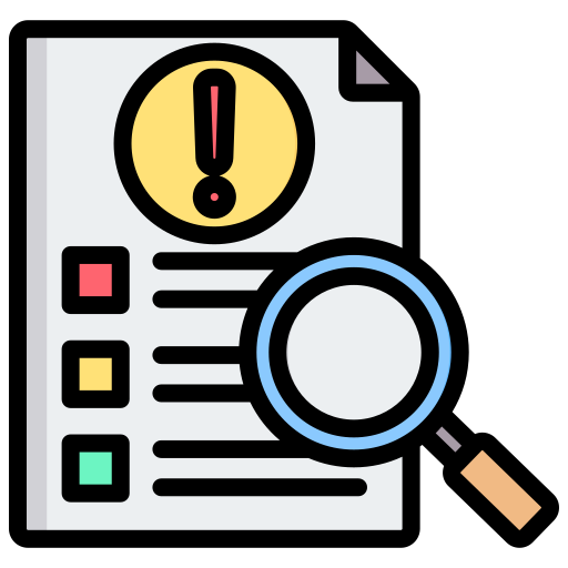 Document with checklist and magnifying glass, colorful icons, flat illustration style.