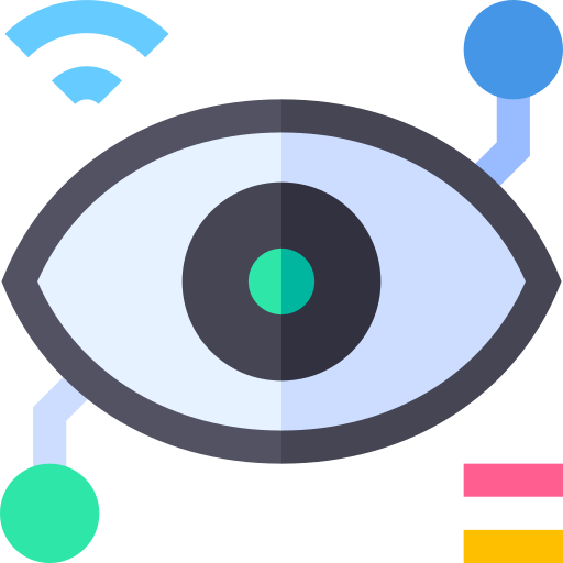 Eye illustration with network symbols, featuring blue, green, and pink colors.