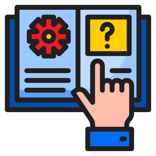 Hand pointing at book page illustration with gear, question mark, blue border.