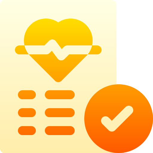Heart icon with heartbeat line, orange checkmark, gradient illustration style.