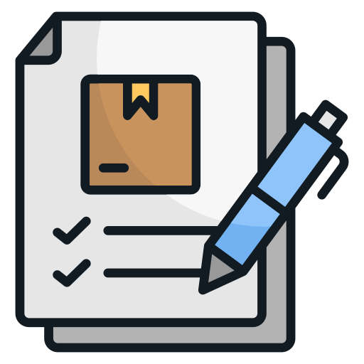 Icon of a checklist with a blue pen and brown package symbol.