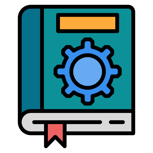 Illustrated book with blue gear icon, teal cover, and red bookmark.