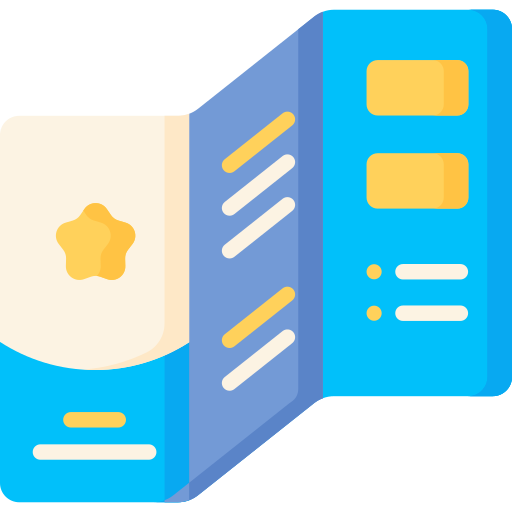Illustration of a blue and beige brochure with a star icon.