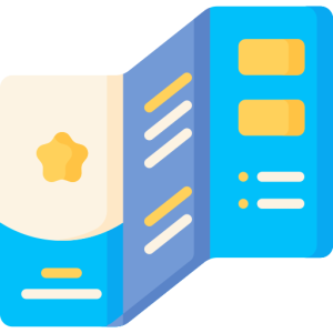 Illustration of a blue brochure with yellow star and text elements.