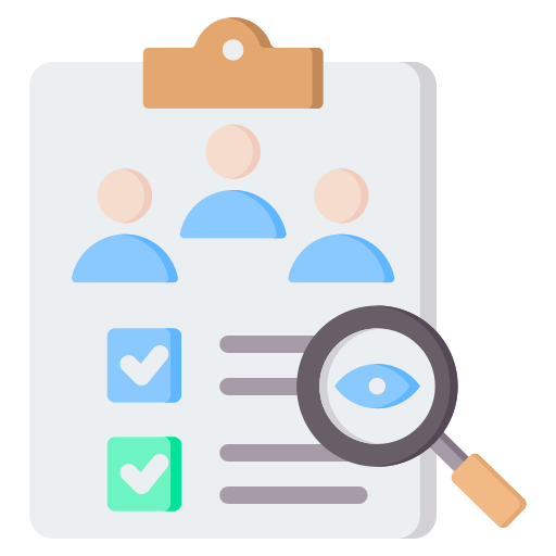 Illustration of a clipboard with icons, magnifying glass, and checkmarks, colorful.