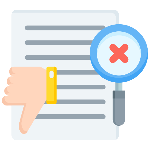 Illustration of a document with a magnifying glass and thumbs-down symbol.