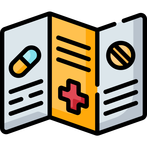 Illustration of a medical brochure with pills, red cross, and text.