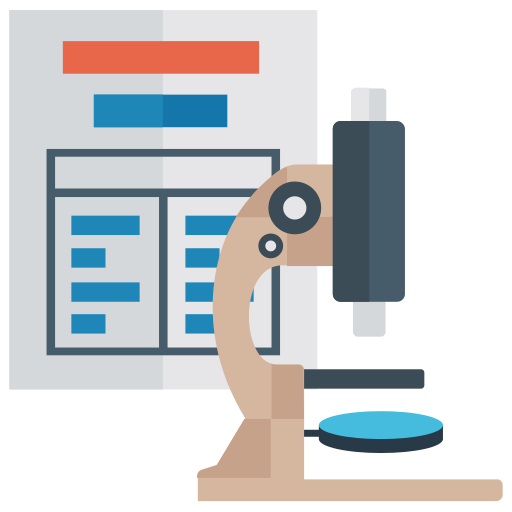 Illustration of a microscope beside a chart with red and blue bars.