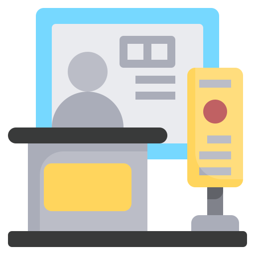 Illustration of a person at podium with screen and microphone, colorful.