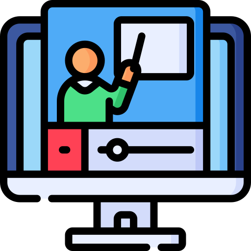 Illustration of a person teaching online on a computer screen, colorful.