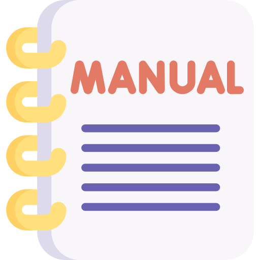 Illustration of a spiral-bound manual with red text and purple lines.