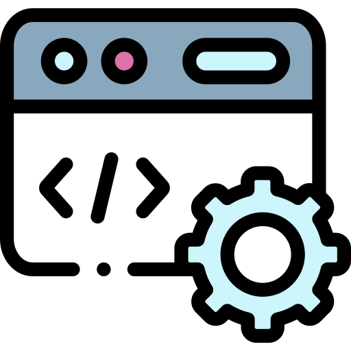 Illustration of a web page with code symbols and gear icon, colorful.