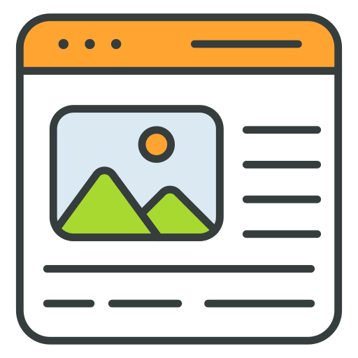 Illustration of a webpage with image icon, orange header, and text lines.