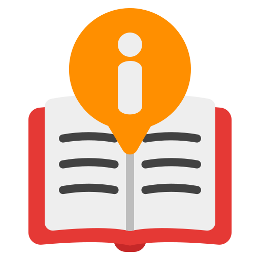 Illustration of an open book with orange information icon above it.