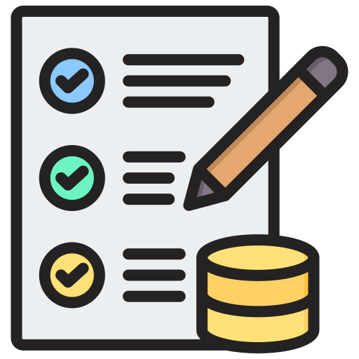 Illustration of checklist with colorful check marks, pencil, and database icon.