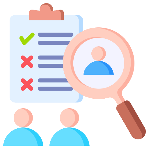 Illustration of checklist with magnifying glass, blue figures, and check marks.