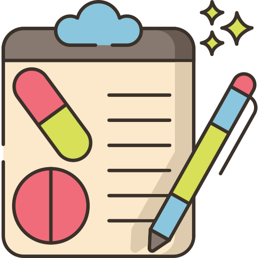 Illustration of clipboard with colorful pen, pills, and lined paper design.