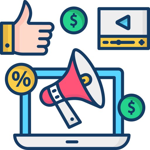 Illustration of digital marketing elements with megaphone, laptop, and dollar symbols.