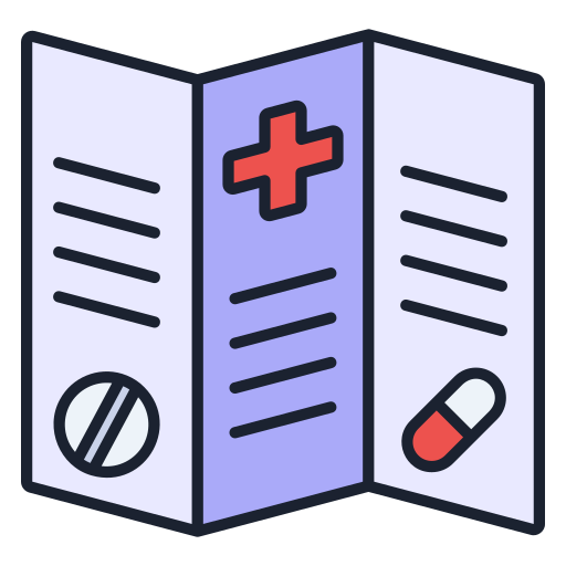 Illustration of medical brochure with red cross, pill, and tablet icons.
