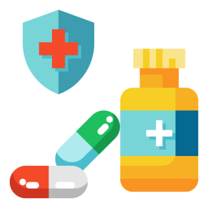 Illustration of medicine bottle, capsules, shield with red cross, vibrant colors.