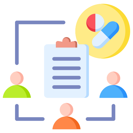 Illustration of people connected around clipboard with pills icon, featuring bright colors.