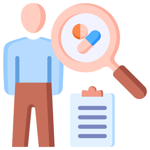 Illustration of person, magnifying glass with pills, and clipboard, pastel colors.