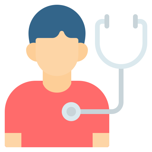 Illustration of person with stethoscope, wearing red shirt, blue hair.