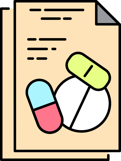 Illustration of pills on a beige document with black text lines.
