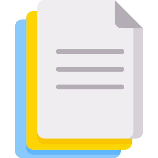 Illustration of stacked documents with gray, yellow, and blue pages, no text.