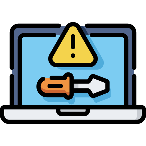 Laptop illustration with warning sign and screwdriver, blue and yellow colors.