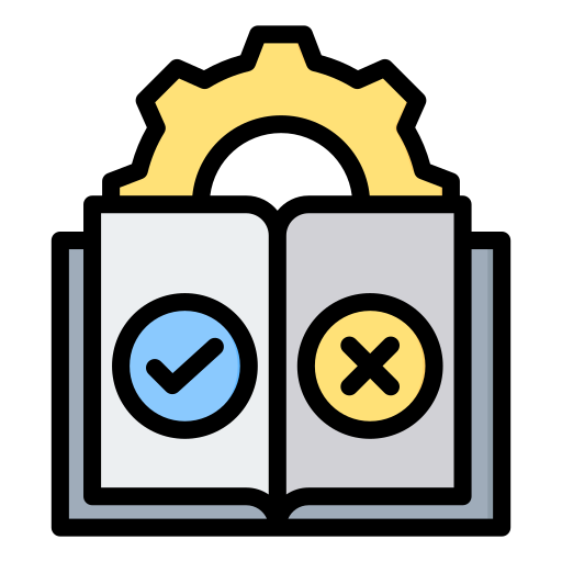 Open book illustration with checkmark, cross, and gear icons, colorful design.