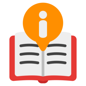 Open book with orange information icon, illustration style, red cover visible.