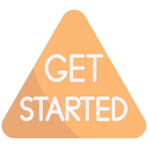 Orange triangle icon with "GET STARTED" text in white, digital illustration.