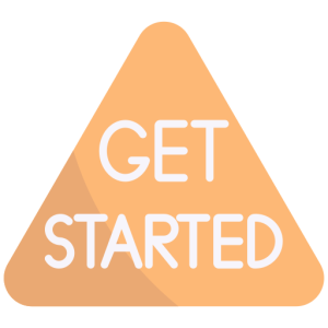 Orange triangular button with "GET STARTED" text in white, digital illustration.
