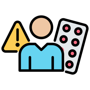 Person icon with warning sign and pills, colorful flat illustration style.